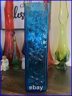 Blenko Blue Glass Vase 3 Daisy Square MCM Vase Retro