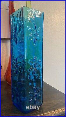 Blenko Blue Glass Vase 3 Daisy Square MCM Vase Retro