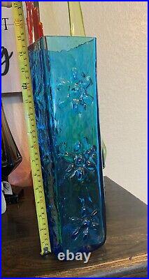 Blenko Blue Glass Vase 3 Daisy Square MCM Vase Retro