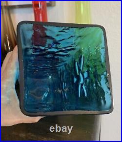 Blenko Blue Glass Vase 3 Daisy Square MCM Vase Retro