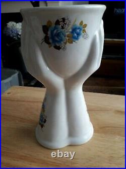 Ceramic Supporting Hands Vase Retro Mid Century White & Blue Floral Design