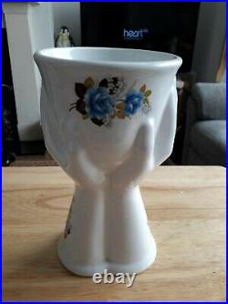 Ceramic Supporting Hands Vase Retro Mid Century White & Blue Floral Design