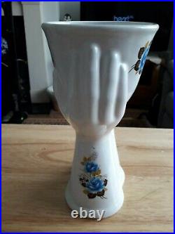 Ceramic Supporting Hands Vase Retro Mid Century White & Blue Floral Design