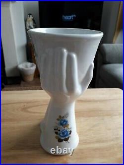 Ceramic Supporting Hands Vase Retro Mid Century White & Blue Floral Design