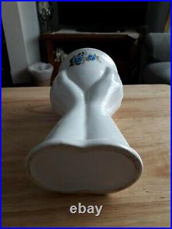 Ceramic Supporting Hands Vase Retro Mid Century White & Blue Floral Design