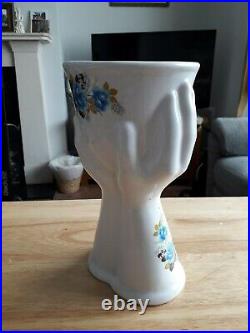 Ceramic Supporting Hands Vase Retro Mid Century White & Blue Floral Design