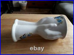 Ceramic Supporting Hands Vase Retro Mid Century White & Blue Floral Design