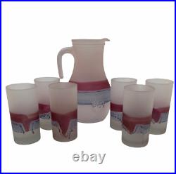 Hand Painted Frosty Glass Art Italian Pitcher with6 Glasses Collectible Glassware