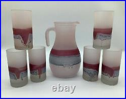 Hand Painted Frosty Glass Art Italian Pitcher with6 Glasses Collectible Glassware