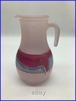 Hand Painted Frosty Glass Art Italian Pitcher with6 Glasses Collectible Glassware