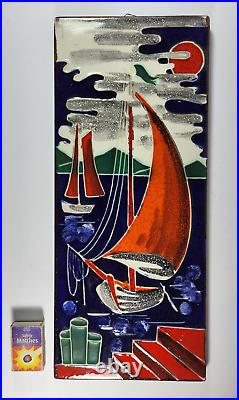 Large Quality Retro MID Century German Majolika Ceramic Sail Boats Wall Plaque