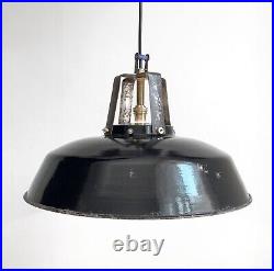 Large Vintage French Black Enamel Industrial Pendant Lamp Light / 45cm Across