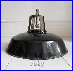 Large Vintage French Black Enamel Industrial Pendant Lamp Light / 45cm Across