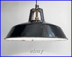 Large Vintage French Black Enamel Industrial Pendant Lamp Light / 45cm Across