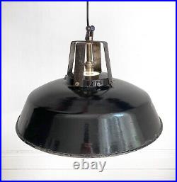 Large Vintage French Black Enamel Industrial Pendant Lamp Light / 45cm Across