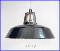 Large Vintage French Black Enamel Industrial Pendant Lamp Light / 45cm Across