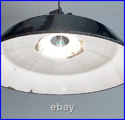 Large Vintage French Black Enamel Industrial Pendant Lamp Light / 45cm Across