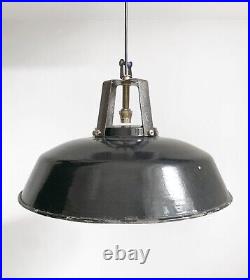 Large Vintage French Black Enamel Industrial Pendant Lamp Light / 45cm Across