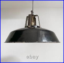 Large Vintage French Black Enamel Industrial Pendant Lamp Light / 45cm Across