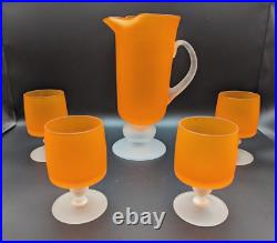 MCM Vintage Retro Frosted Orange Footed Glass Goblets & Pitcher Set Of 5