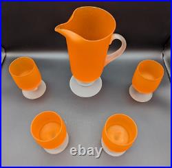 MCM Vintage Retro Frosted Orange Footed Glass Goblets & Pitcher Set Of 5