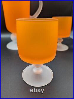 MCM Vintage Retro Frosted Orange Footed Glass Goblets & Pitcher Set Of 5