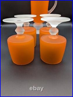 MCM Vintage Retro Frosted Orange Footed Glass Goblets & Pitcher Set Of 5