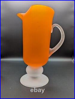 MCM Vintage Retro Frosted Orange Footed Glass Goblets & Pitcher Set Of 5