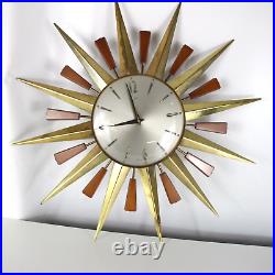 METAMEC Sunburst Wall clock Brass Wood Tested Working Made in England 1960's-EHB