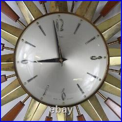 METAMEC Sunburst Wall clock Brass Wood Tested Working Made in England 1960's-EHB