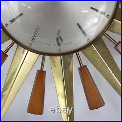 METAMEC Sunburst Wall clock Brass Wood Tested Working Made in England 1960's-EHB