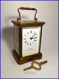 Matthew Norman Clock Carriage, Vintage Brass and Glass Small Mantel with Key