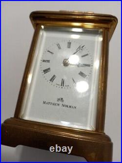 Matthew Norman Clock Carriage, Vintage Brass and Glass Small Mantel with Key