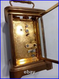 Matthew Norman Clock Carriage, Vintage Brass and Glass Small Mantel with Key