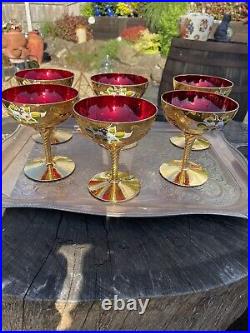 Murano Retro Set Of 6 Champagne Drinking Glasses Gilded Coupees Tre Fuochi