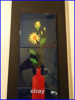 Retro Vintage Large Wall Art Tile Ceramic Flowers Hand Painted Signed Germany