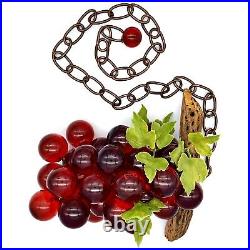 Retro Vintage MCM Mid Century Modern 32 Red Lucite Grapes Bunch Wood Stem Swag