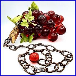 Retro Vintage MCM Mid Century Modern 32 Red Lucite Grapes Bunch Wood Stem Swag