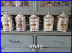 Set 5 Vintage Aluminium French Lidded Cannisters Storage Pots