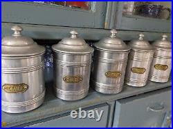 Set 5 Vintage Aluminium French Lidded Cannisters Storage Pots