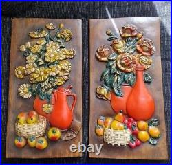 Set of 2 Rare Vintage MCM Retro Chalkware Wall Hangings Raised Flowers Fruit