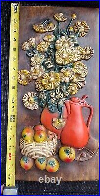 Set of 2 Rare Vintage MCM Retro Chalkware Wall Hangings Raised Flowers Fruit