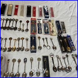 Souvenir Spoons Job Lot X 130 & 2 Display Cases Some Silver 2.7kg Approx