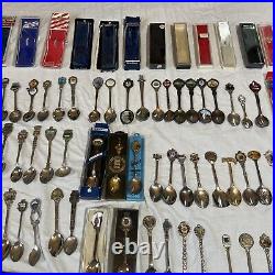 Souvenir Spoons Job Lot X 130 & 2 Display Cases Some Silver 2.7kg Approx