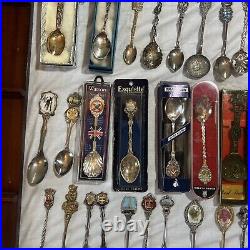 Souvenir Spoons Job Lot X 130 & 2 Display Cases Some Silver 2.7kg Approx