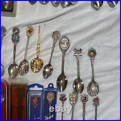 Souvenir Spoons Job Lot X 130 & 2 Display Cases Some Silver 2.7kg Approx