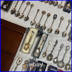 Souvenir Spoons Job Lot X 130 & 2 Display Cases Some Silver 2.7kg Approx