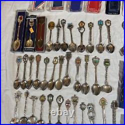 Souvenir Spoons Job Lot X 130 & 2 Display Cases Some Silver 2.7kg Approx