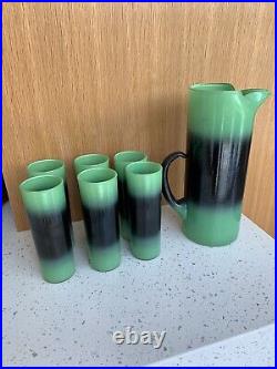 VTG BLENDO PITCHER With 6 TUMBLERS GREEN AND BLACK FROSTED BARWARE RETRO MCM USA