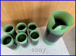 VTG BLENDO PITCHER With 6 TUMBLERS GREEN AND BLACK FROSTED BARWARE RETRO MCM USA